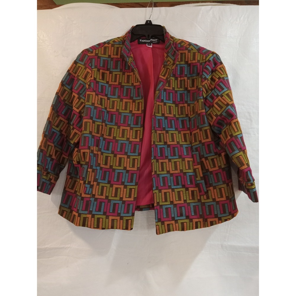 Painted Pony Geometric Print Blazer Jacket Women's XL Open Front Pink Lined